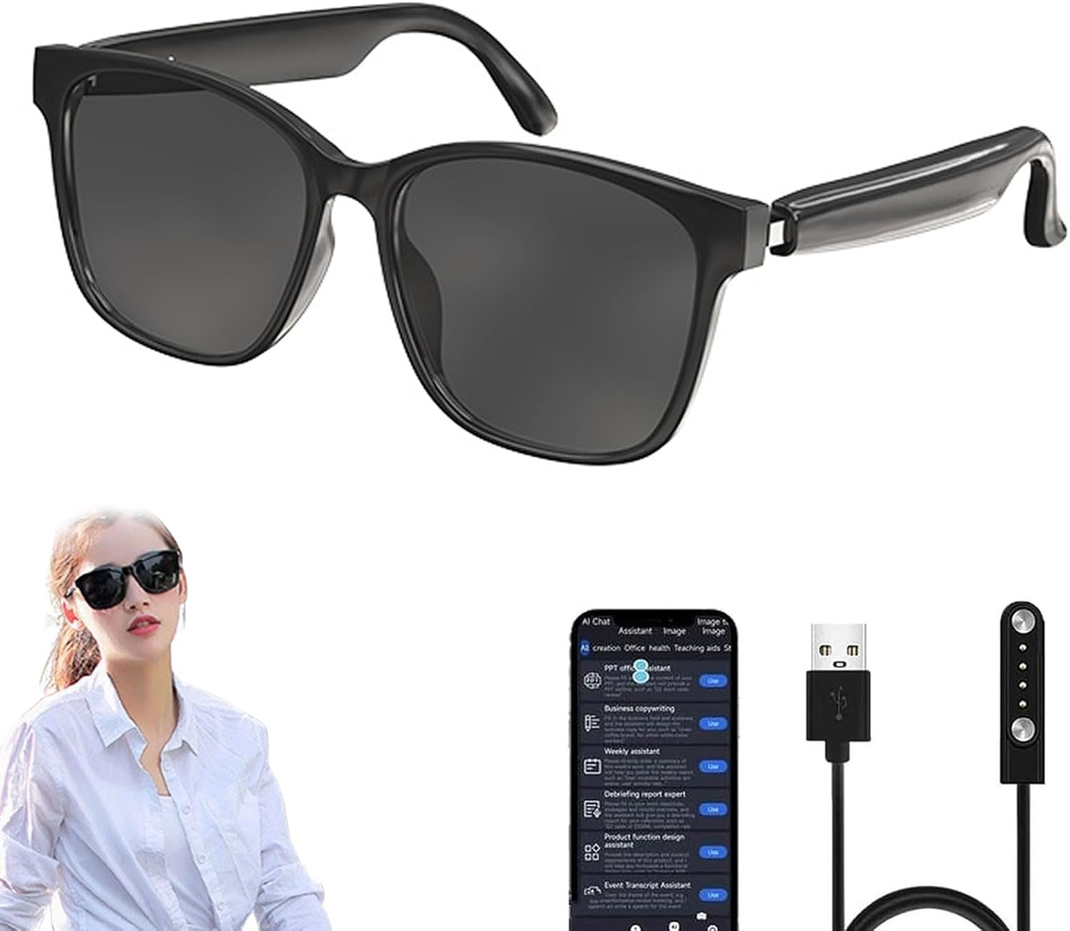 Smart Simultaneous Interpretation Glasses and Headphones, AI Translator Glasses, Anti-Blue Light Lenses, Open Ear Music & HD Calling, Language Translator Device Supports 144 Languages Black