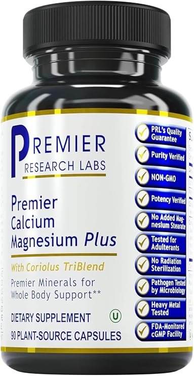 Premier Research Labs Calcium Magnesium Plus - Calcium Magnesium Supplement, Supplement for Bone Health, with Mushroom Complex, Reishi & Lions Mane - 90 Vegetarian Capsules