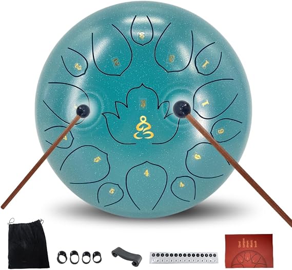 Steel Tongue Drum 12 Inches 15 Notes C Major Steel Drums Rain Chimes for Outside Percussion Instrument with Drum Mallets and Carry Bag (Malachite Green, 12 Inch 15 Notes)