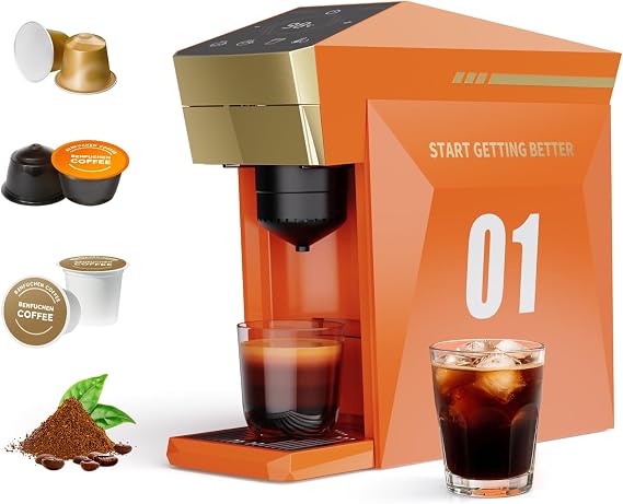 4 in1 Single Serve Coffee Maker, 19 Bar Espresso Coffee Machine For Nespresso OriginalLine Capsules/KCup/Ground Coffee, Single Cup Coffee Brewer 1400W Fast Brew in 1 Minute, with Hot Water Dispenser