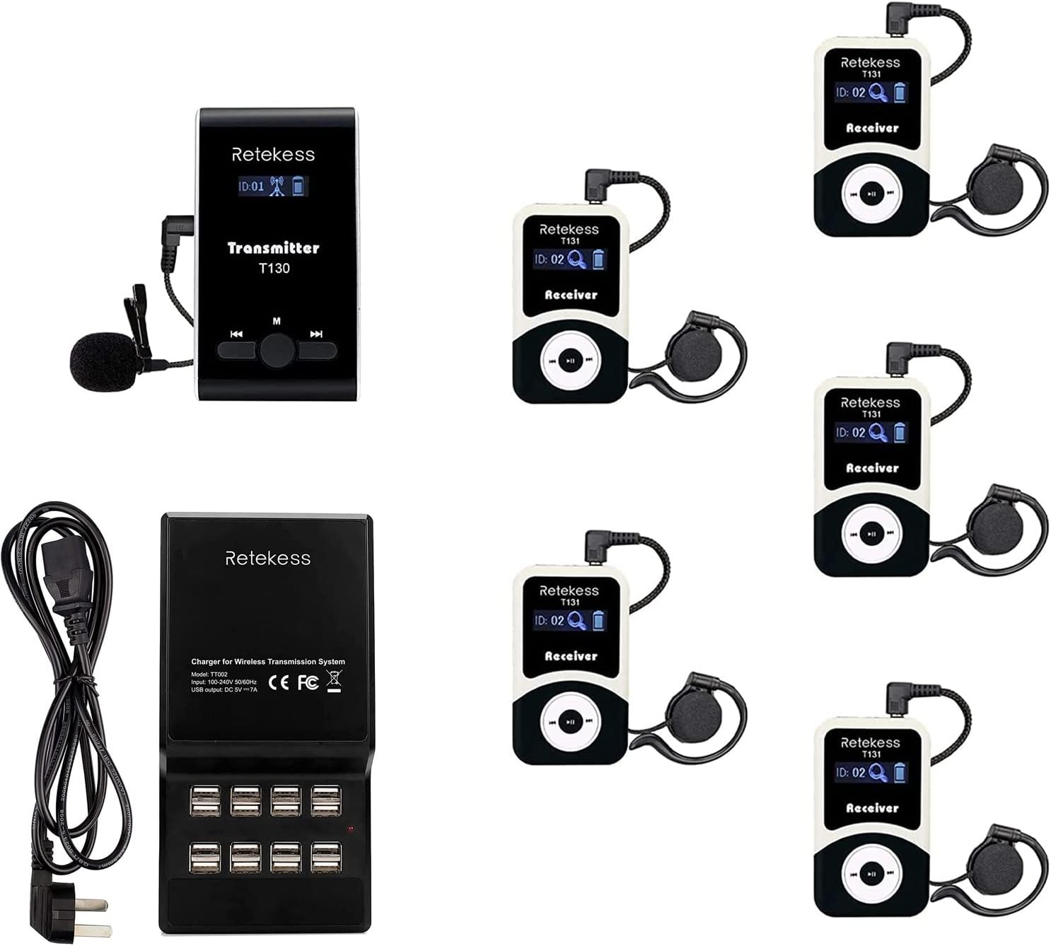 Retekess T130 Church Translation System, Wireless Tour Guide Audio System, Interpreter Device for Court1 Transmitter 5 Receivers and 16 Port Charging Station