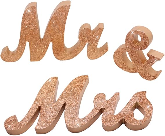Mr & Mrs Wedding Sign, Decorative Letters, Rustic Elegant, Rose Gold Glitter, 12.52" x 7.09"