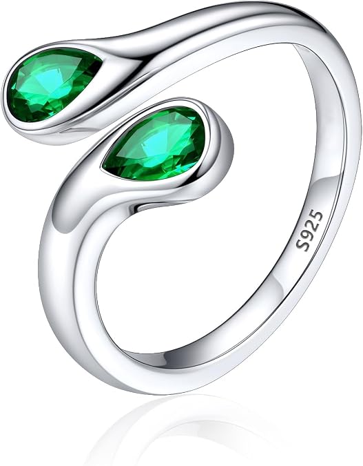 Silvora 925 Sterling Silver Adjustable Ring Wrap Birthstones Open Rings for Women Ring with 2 Pear Shaped Gemstone, Birthstone Ring for Mother
