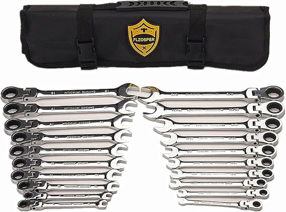 FLZOSPER 20pc. Flex-Head Ratcheting Wrench Set,Metric & SAE Chrome Vanadium Steel Combination Wrench Spanner with Portable Carrying Bag