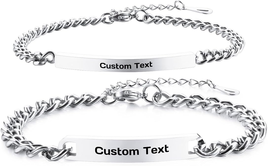 Personalized Matching Bracelet for Couple Engraved Name Date Adjustable Stainless Steel Jewelry Couples Bracelets for Him and Her Gift for Valentine's Day Anniversary
