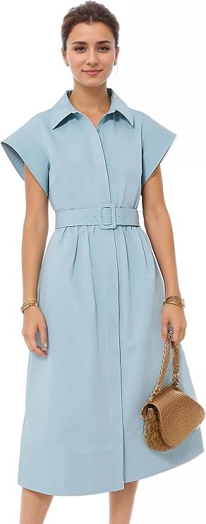 Womens Button Down Casual Shirt Dress Short Wing Sleeve Shirt Midi Dress Buiness Work Elegant Dress with Belt