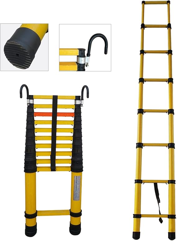 Telescopic Ladder Insulation Fiberglass Telescopic Ladder with Hooks & Non-Slip Feet, Extendable Telescoping Ladder for Home/Industrial, Safe Step Ladders (Size : 2m/6.6ft)