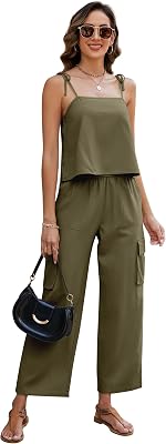 Linen Sets for Women 2 Piece Lounge Outfits Set Tie Shoulder Crop Tank Tops Elastic High Waisted Cargo Pants 4 Pockets