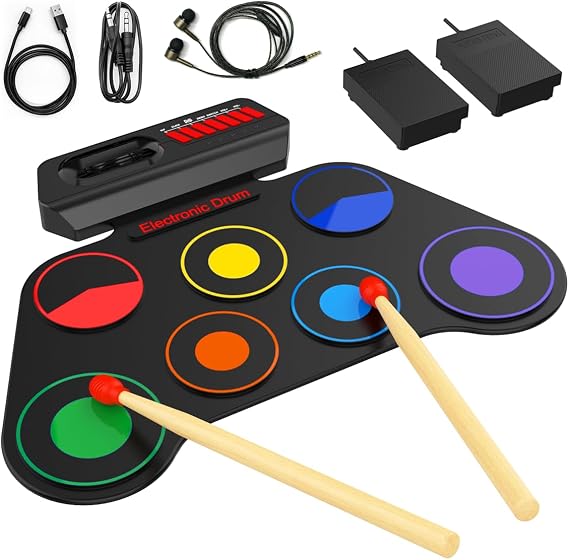 AiJoy Portable Electronic Drum Set Pads for Kids | Roll Up with 7 Pads, Built-in Speaker, Rechargeable Roll-Up, Headphone Mode & Demo Songs, Gift For Beginners & Children