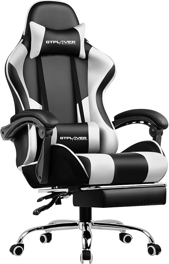 GTPlayer Gaming Chair with Ottoman, Gaming Chair, 140° Reclining, High Back, Head Rest, Armrest, Lumbar Support, Breathable Seat, PU Leather with Air Holes, Telework Chair, Computer Chair, White PL800