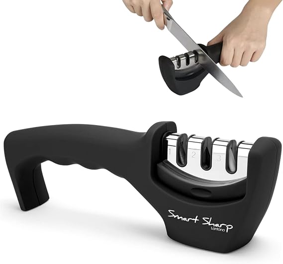 Lantana Smart Sharp Knife Sharpener, 3 Stage, for Kitchen Knives, Black | 3 step sharpening - quick, easy, effective and safe - restores dull blades, comfort handle, for kitchen knives