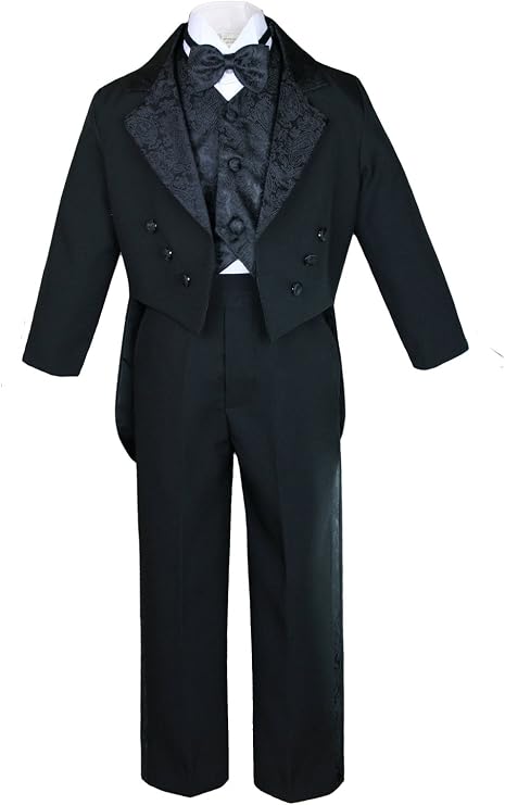 Boy Black Paisley Vest Set Suits Tuxedo Tail Outfits Baptism Baby to Teen