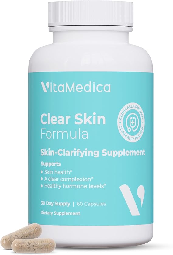 VitaMedica Clear Skin Vitamin Formula - Acne Supplement, 60 Ct | For Noncystic Acne, Clear Complexion for Women & Men, Vitamins A, C, E, Selenium, Chromium & Zinc