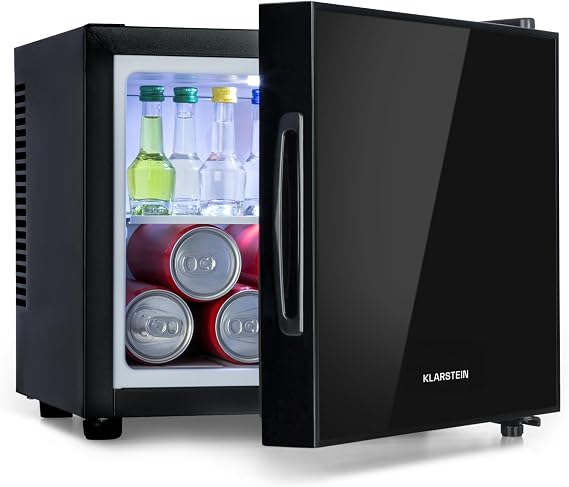 Klarstein Frosty Mini Fridge - Compact minibar with thermoelectric Cooling System, freestanding, 10 Litre Capacity, Cooling: 12-18 °C, Black, 33.5 x 30 x 34 cm (WxHxD)