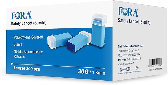 FORA Sterile Safety Lancet, 1.8mm Depth, 30 Gauge, 100 Count, Diabetic Supplies for Blood Glucose Testing. No Lancing Device Needed