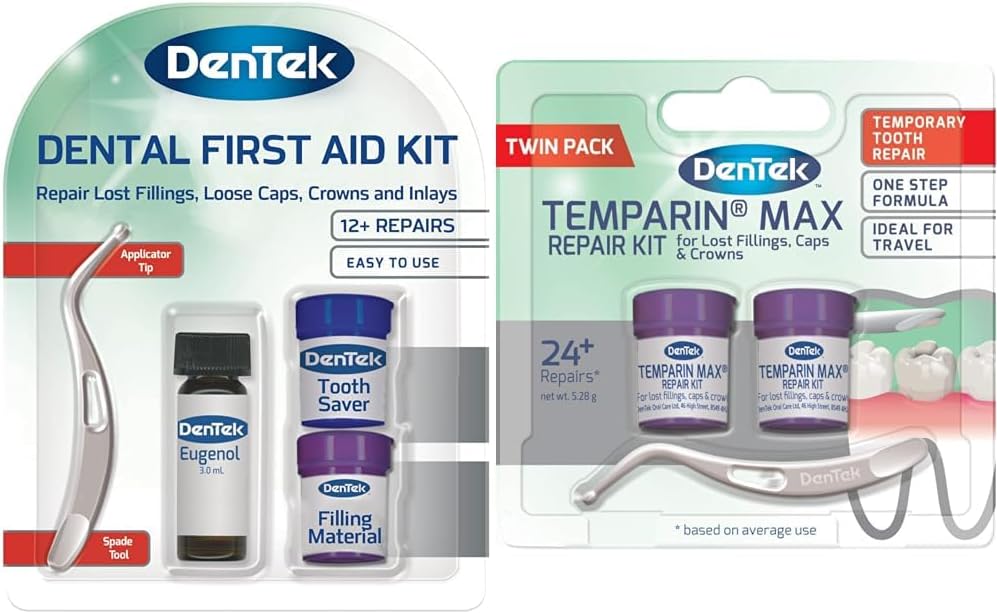 DenTek Home Dental First Aid Kit for Repairing Lost fillings Crowns or Inlays (Packaging May Vary) with spade Tool + Temparin Max Home Dental Repair Kit Twin Pack Crowns or Inlays - 24+ Repairs
