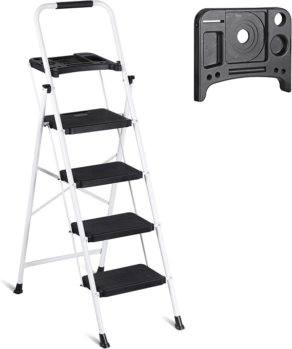 4 Step Ladder with Tool Tray, Folding Step Stool with Wide Anti-Slip Pedal and Handgrip, Heavy Duty Steel Step Ladder for Home Kitchen Office Shop, 330 lbs Load Capacity, White