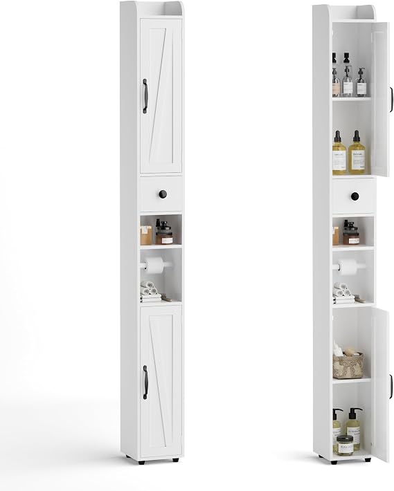 BonVache Tall Bathroom Storage Cabinet, Slim Storage Unit with Adjustable Shelves, Bathroom Shelves Cupboard for Kitchen Hallway Living Room Bedroom, Wood Door