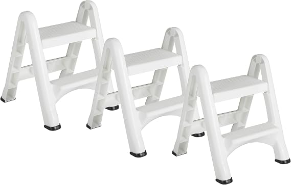 Rubbermaid FG420903WHT EZ Step 2 Step Folding Plastic Ladder Step Stool with Skid Resistant Foot Pads, White (3 Pack)