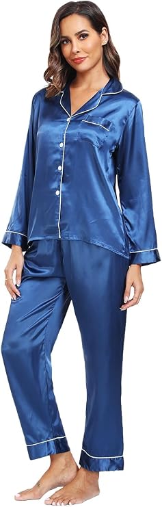 Super Shopping-zone Women's Satin Pajama Set Long Sleeve Pajamas Button Down Pjs Set Silky Sleep Set Sleepwear Loungewear