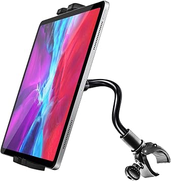 Gooseneck Spin Bike Tablet Mount, Elliptical Treadmill Tablet Holder, Indoor Peloton Stationary Exercise Bicycle Handlebar Clamp for iPad Pro Air Mini, Galaxy Tabs, Kindle, E-Book, 4-11" Device