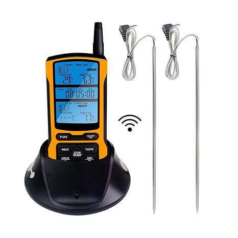 Pizza Oven Thermometer Timer Meat Food Cooking Temperature Monitor Meter Kitchen Thermometer 24hr Counting Down with Two Probes (Color : A)