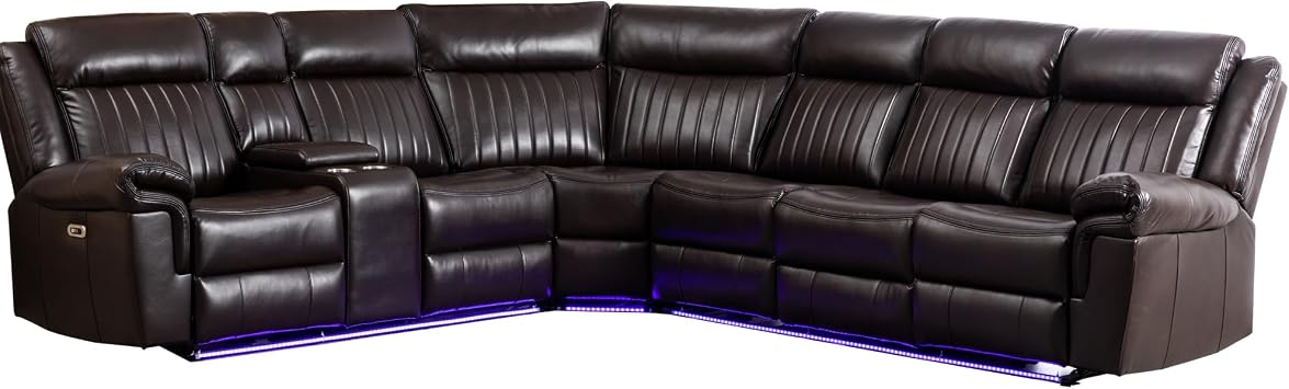 Hybition Power Reclining Sectional Sofa Multi-Functional 6 Seater Sectional Sofa L-Shaped PU Leather L-Shaped Sofa LED Lights Stereo Storage Cup Holders USB -Brown