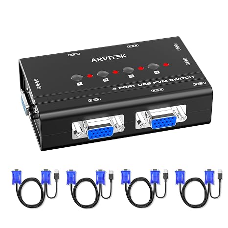 4 Port VGA KVM Switch with 4 Cables, USB VGA Switch for 4 Computers Share 1 Monitor and 3 USB Devices, Supports 19201440, No Hotkey