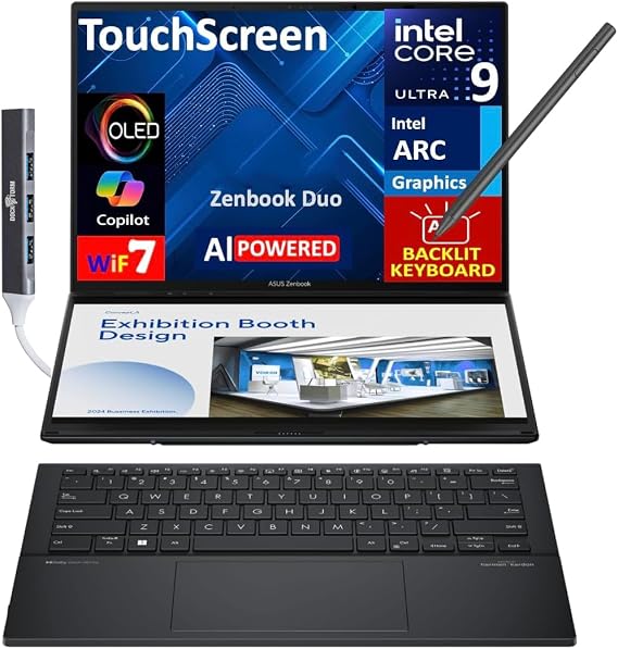 ASUS Zenbook Duo ux8406 AI Powered 2-in-1 Laptop 14.0" Touchscreen OLED 3K 120Hz Display (Intel Ultra 9-285H, 32GB LPDDR5X, 2TB PCIe SSD, Active Pen, Backlit KB, Win 11 Home) w/DKZ USB Port Expander