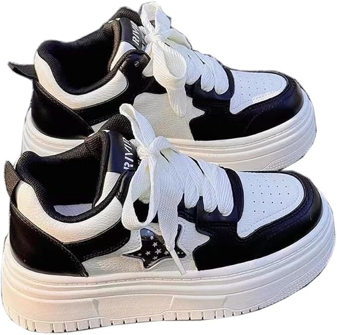 Women's Cute Star Sneakers Y2K Chunky Platform White Sneakers Kawaii Lace-Up Low Top Casual Walking Shoes