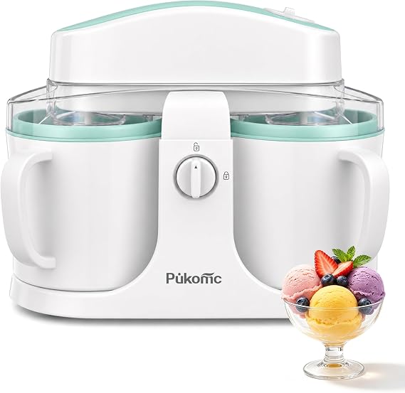 Pukomc Home Ice Cream Maker Machine with 2 Ice Cream Bowls,0.9 quarts | Easy To Operate And Clean,Ideal For Homemade Ice Cream & Frozen Yogurt,Includes Recipes,15-25 Minutes