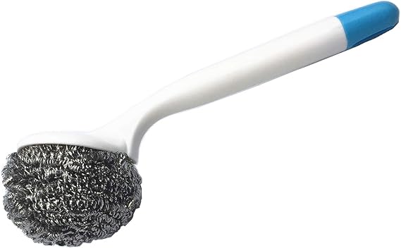 Stainless Steel Sponge Brush with Comfortable Handle, Steel Wool Scourer Scrubber