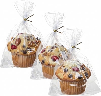 NEKSUNBAK 200Pack 6x7 Cellophane Cupcake Bags with Gold Twist Ties, Flat BottomFood Safe Bakery Packaging for Muffins, Chocolate Bombs, Cookies&MacaronsPerfect for Party Favors&Holiday