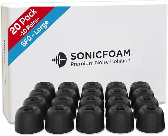 SF0 Large - Memory Foam Earbud Tips - 10 Pairs - Black | Fits Earbuds with Speaker Diameter 6.6-7.2mm, One Pair Lasts up to 4 weeks