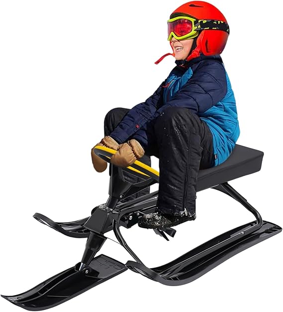 Snow Racer Sled, Ski Sled with Steering Wheel & Twin Brakes, Durable Steel Frame, Great Weight Capacity of 220 LBS, Sled for Kids Age 6 & Up, Teenagers Adult
