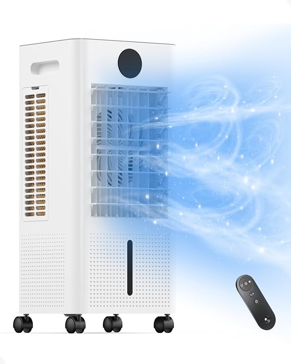 Portable Air Conditioner, Evaporative Air Cooler Windowless with Remote, 3 Speeds, 12H Timer, Oscillating Swamp Cooler for Bedroom, Living Room, White