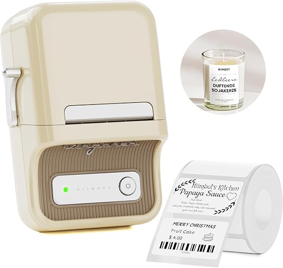 NIIMBOT B21 label printer, 1 roll start band, Bluetooth self-adhesive labeling device, printing device, printing size 20 – 50 mm, compatible with iOS and Android, for home, office (beige)