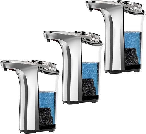 PZOTRUF Automatic Soap Dispenser, Touchless Dish Soap Dispenser 17oz/500ml with Infrared Sensor, 5 Adjustable Soap Levels, Liquid Hand Soap Dispenser for Bathroom Kitchen (Silver, 3 Pack)
