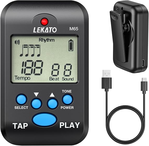 LEKATO Digital Metronome, Rechargeable LCD Electronic Mini M65 Metronome, Human Voice, Clip on,10 Beat Sounds, Volume Adjustable, Portable for Piano, Guitar, Flute, Violin, Drum (black)