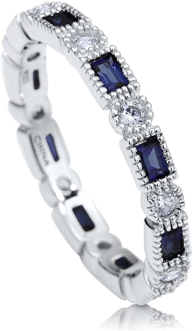 BERRICLE Sterling Silver Art Deco Rings Stackable Eternity Band Ring for Women, Sapphire-Blue Milgrain Bezel Set Cubic Zirconia CZ