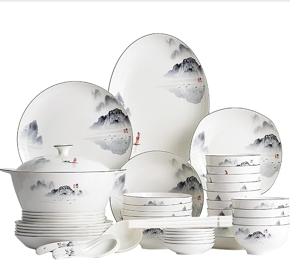 Ceramic Dinnerware Sets for 12 Reusable Tableware Set Chinese Style Dishes Set Ink Painting Serving Plates and Bowls Sets Safe and Healthy Dining Ware Set Plates/Bowls/Spoons and Soup Pot - 60 Piece