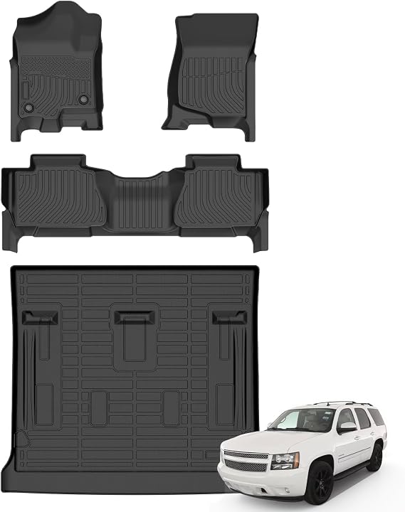 Floor Mats & Cargo Liner for 2014-2007 Chevrolet Tahoe 8 Seats (Not for Hybrid) & GMC Yukon, All Weather Automotive TPE Floor Liners Set Waterproof Accessories Black