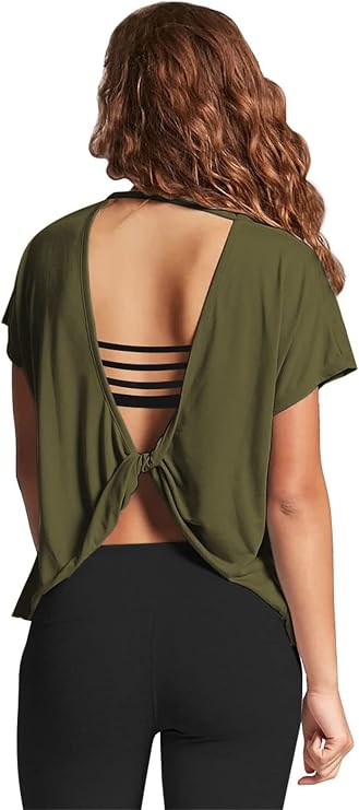 Mippo Womens Open Back Workout Tops Short Sleeve Athletic Gym T Shirts | Backless, Light and Soft, Loose Fit, Crewneck, Waist Length, Workout Shirts for Women