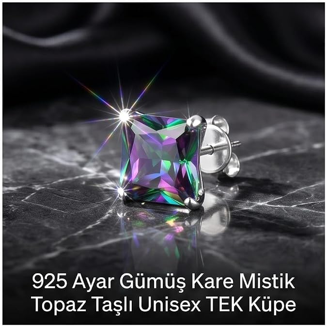925 Ayar Gümüş Mistik Topaz Kare Taşlı Çivi Küpe Unisex Minimal Küpe 3mm 4mm 5mm 6mm 7mm Parlak Taş Antialerjik Klipsli Tek ve Çift Seçenekli Kadın Erkek Kombin