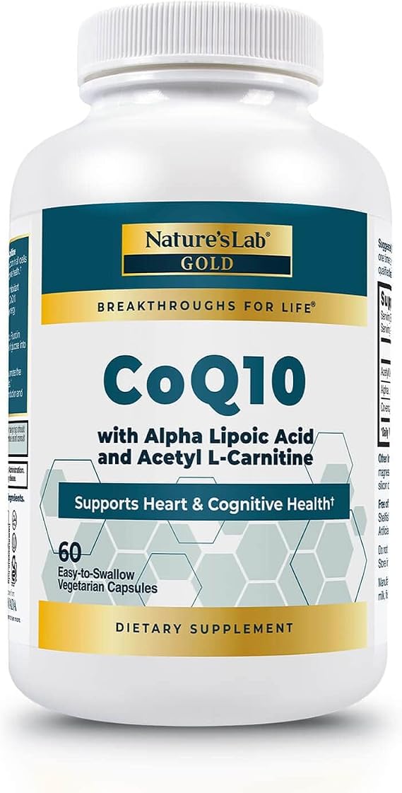 Nature's Lab CoQ10 200mg with Alpha Lipoic Acid & L-Carnitine - High Absorption Heart & Brain Support - Energy & Mitochondrial Function - 60 Capsules Gold