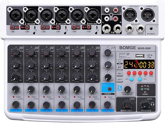 BOMGE 8 channel mini audio mixer Line Mixer,DC 5V,with MP3 Player,Bluetooth, U disk 48V,24DSP effects, USB recording Ideal for Small Clubs or Bars, Studio Recording (8 channels-WHITE)