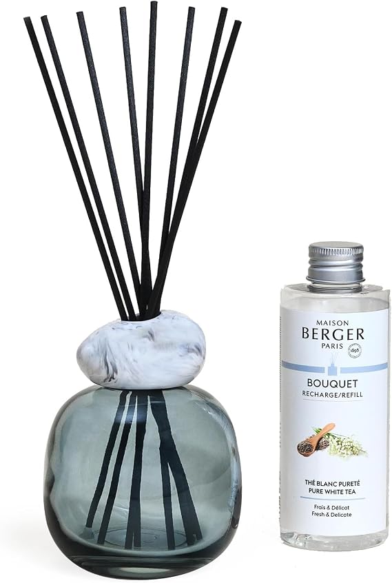 MAISON BERGER Reed Diffuser Model Mineral Blue White Pure White Tea | 6 Reed Sticks, 6 Fluid Ounces, 3.15 x 3.15 x 9.45 inches, Lampe Berger Home Fragrance