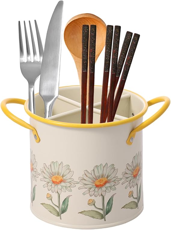 Kitchen Utensil Holder,Metal Cutlery Holder for Countertop with Handle,12x12.5cm Utensils Caddy with 4 Removable Compartment,Utensil Crock for Kitchen Storage(Style 2)
