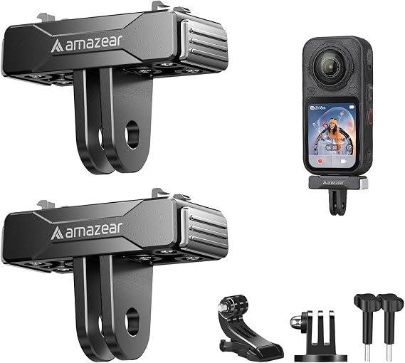 AMAZEAR Magnetic Quick-Release Mount for Insta360 X6 (2 Pack), Insta 360 Accessories QR Adapter Holder with Go-Pro Mount for Insta360 X6 / X5 / X4 Air/Ace Pro/Ace Pro 2, Black