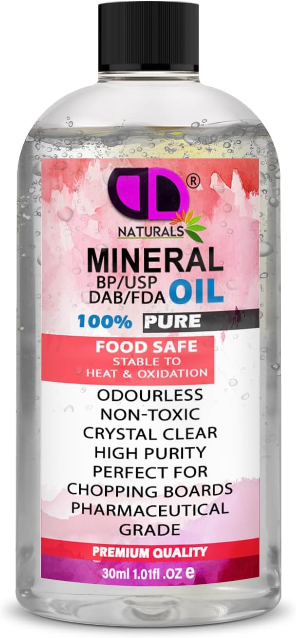 Pure Mineral Oil Premium Food Safe, Chopping Board Oil, Cutting Board, Worktop, Butcher Blocks, Countertops Wood, Slate, Stone- Tasteless, odourless & Clear 30ml Cap